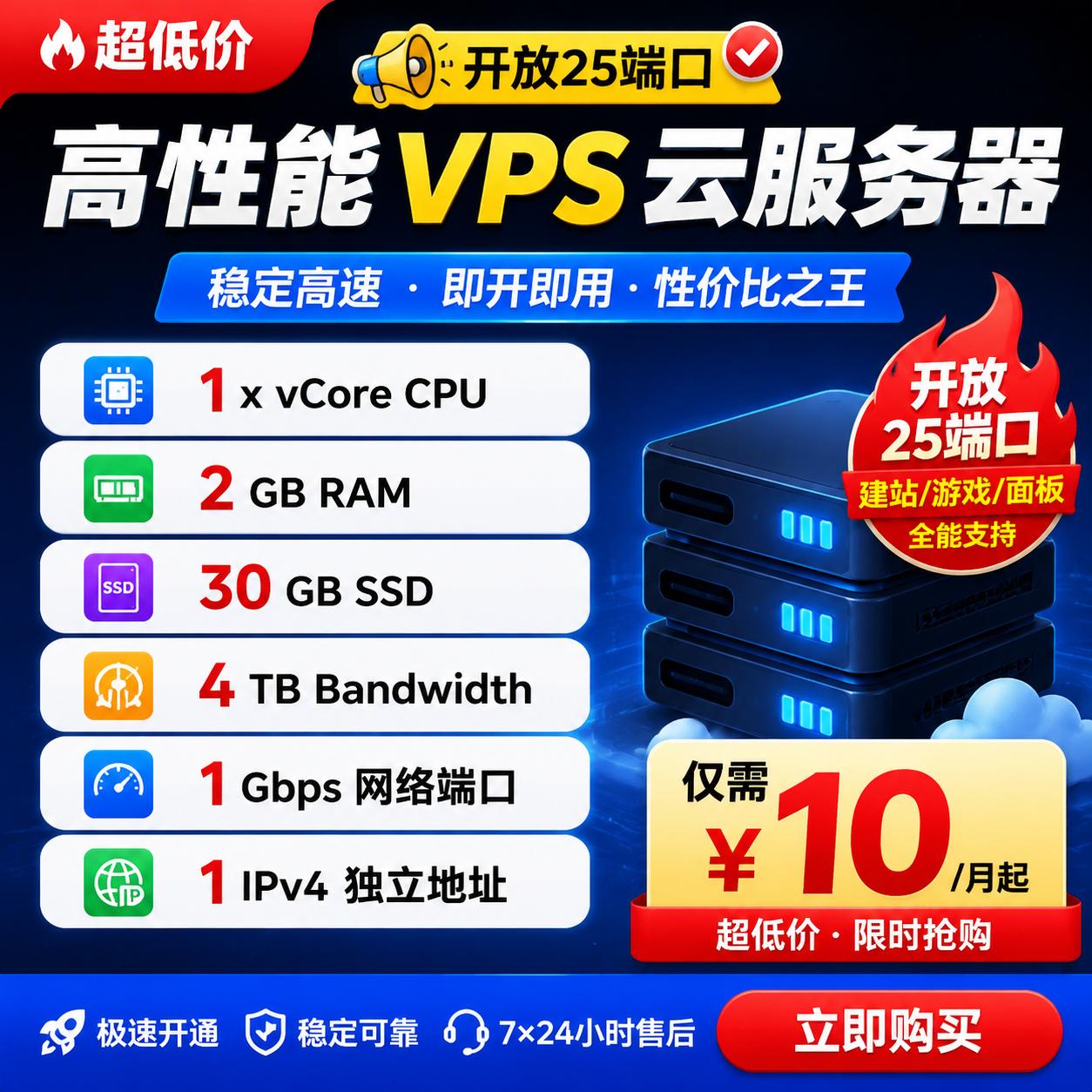 美国云服务器VPS｜2G内存 1核 30G SSD 4TB流量 开放25端口SMTP 美西LA 美东NY可选 低价年付